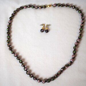Vintage Hand Knotted Cloisonne Necklace and Gold Tone Post Earrings Set
